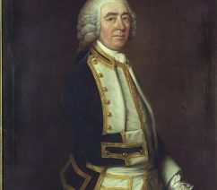 A three-quarter-length portrait of a man in eighteenth-century naval uniform. He wears a white wig and has his right jacket sleeve pinned to his waistcoat, his arm having been amputated.
