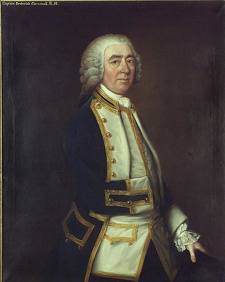 A three-quarter-length portrait of a man in eighteenth-century naval uniform. He wears a white wig and has his right jacket sleeve pinned to his waistcoat, his arm having been amputated.