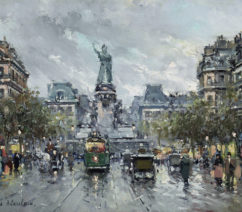 painting of place de la Republique in paris with people,horses and carts in street