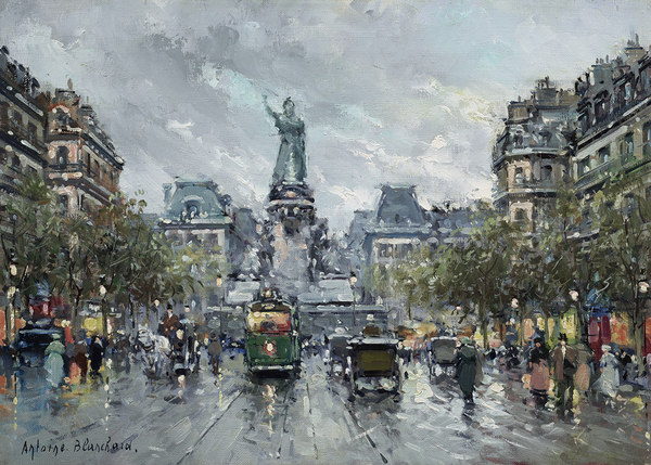 painting of place de la Republique in paris with people,horses and carts in street