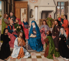 An interior scene showing Christ's apostles gathered together while the Holy Spirit, taking the form of a flaming dove, flies above them.