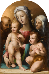 A religious group portrait of five figures, including two naked infants (the Christ Child and the young St. John the Baptist), two women (the Virgin Mary and St. Catherine of Siena), and one man (St Francis). All are looking at the Christ Child against a gold background.
