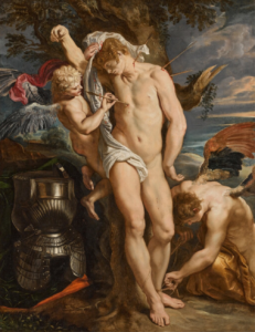 The scene of Saint Sebastian's martyrdom, where he is shot with arrows against a tree. Two angels are removing the arrows from his body and undoing his bindings.