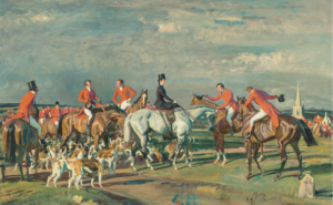 The moments just before a traditional English foxhunt. Men on horseback are congregating wearing red jackets and black top hats. Some are removing their hats and bowing to the central figure, a lady in black atop a gray horse.