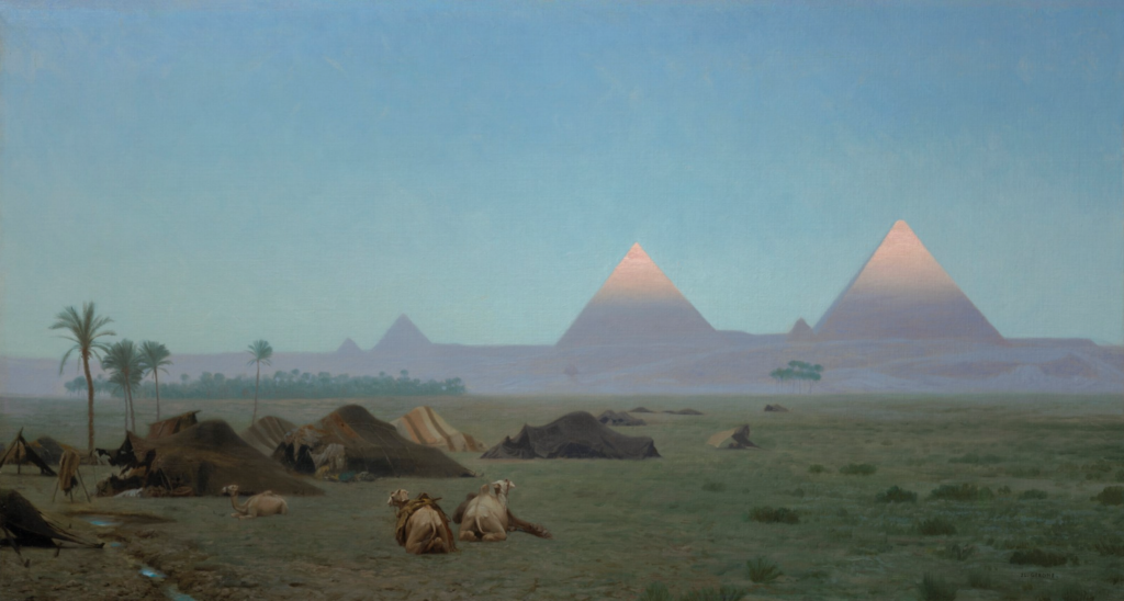 A desert landscape at dawn, with the first light hitting the top of the Pyramids of Giza in the distance. Meanwhile, a group of tents near some palm trees lies asleep.