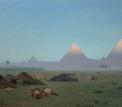 A desert landscape at dawn, with the first light hitting the top of the Pyramids of Giza in the distance. Meanwhile, a group of tents near some palm trees lies asleep.