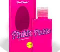 A bottle and a box, both the same shade of pink with the stylized work Pinkie across.