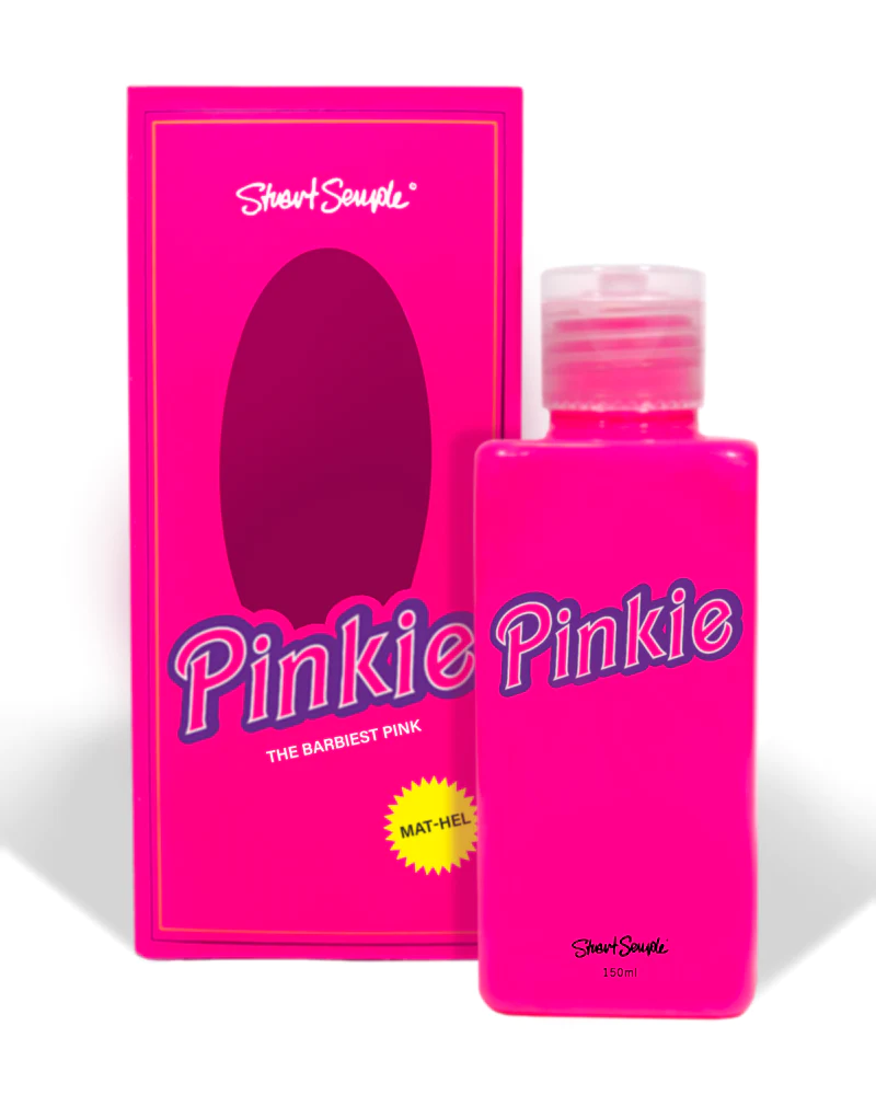 A bottle and a box, both the same shade of pink with the stylized work Pinkie across.
