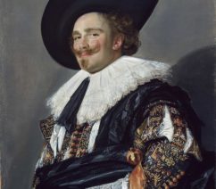 A seventeenth-century portrait of a Dutch man in fine clothing, a white ruff, and a broad-brimmed black hat. He enigmatically smiles at the viewer through his moustache.