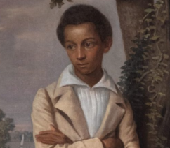 Detail from a 19th century American group portrait of children, specifically showing a previously omitted mixed-race boy