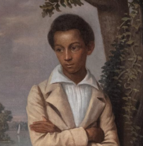 Detail from a 19th century American group portrait of children, specifically showing a previously omitted mixed-race boy