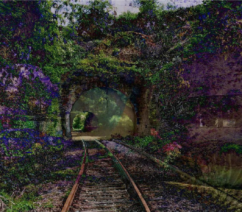 An painting-style AI-generated image showing a trail leading into the woods surrounded by purple flowers.