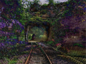 An painting-style AI-generated image showing a trail leading into the woods surrounded by purple flowers.