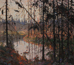 A landscape painting from a forrest looking out towards are more brightly-lit river.