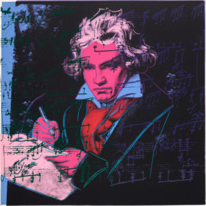 A portrait of Ludwig van Beethoven highlighted with pink and purple.