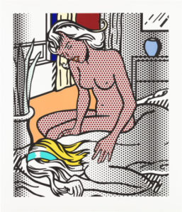 A comic-like print of two nude women in bed.