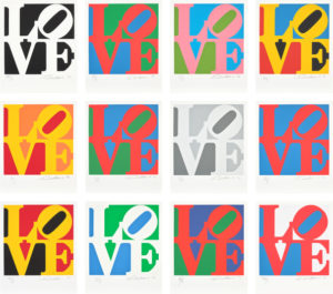 A series of Robert Indiana's Love design repeated twelve times in different colors.