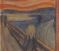 A painting showing a bald man holding his face with an expression of show or fear as he hears the "scream of nature" and the sky turns red behind him.