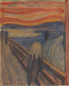 A painting showing a bald man holding his face with an expression of show or fear as he hears the "scream of nature" and the sky turns red behind him.