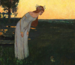 A painting of a princess in a field looking down at a frog, meant to be Franz Stuck's representation of the Frog Prince fairy tale.