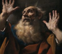A portrait of an old, bearded man looking to the sky with his hands raised.