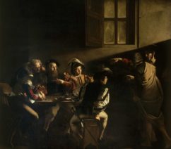 A painting of the inside of a dark tavern showing a group of men around a table focused on money. Jesus comes into the tavern and points to Matthew, asking him to follow him.