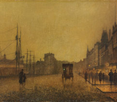 A street scene of Glasgow, close to the docks on the River Clyde at dusk.