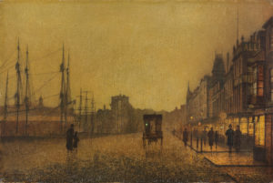 A street scene of Glasgow, close to the docks on the River Clyde at dusk.