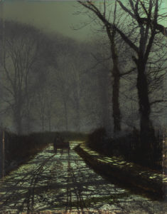 A painting of a country road at night, surrounded by tres with a single carriage.