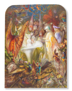 A fantasy scene of a baby fairy being born from a white flower, surrounded by other fairies as well as natural and anthropomorphic birds and insects