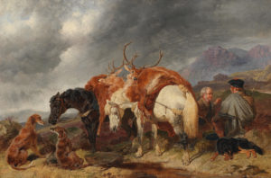 A painting of two horses carrying two dead deer upon their backs. Meanwhile, the pair of hunters relaxes behind them with their dogs all around.