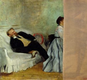 A scene of the painter Édouard Manet at home on the sofa with his wife Suzanne playing piano. Suzanne's profile is interrupted by damage to the canvas.