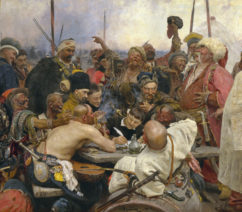 A painting by Ilya Repin showing a group of seventeenth-century Ukrainian cossacks writing a letter and laughing