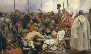 A painting by Ilya Repin showing a group of seventeenth-century Ukrainian cossacks writing a letter and laughing