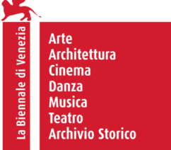 A red logo, with a vertical banner on the left-hand side reading 'la Biennale di Venezia', while the rest of logo listing the categories of the exhibition in Italian: art, architecture, cinema, dance, music, theater, and archive.