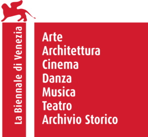 A red logo, with a vertical banner on the left-hand side reading 'la Biennale di Venezia', while the rest of logo listing the categories of the exhibition in Italian: art, architecture, cinema, dance, music, theater, and archive.