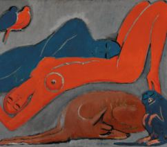 A painting of a pair of nude women, one red the other blue, laying against a grey background, accompanied by birds, a dog, and a monkey.
