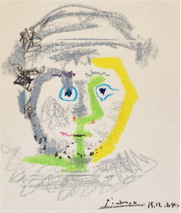 A portrait of a boy in grey, yellow, and green by Pablo Picasso
