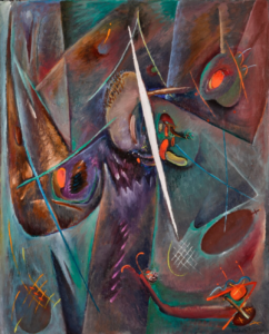 An abstract work of pale blue, purple, and red forms by the German painter Rudolf Bauer