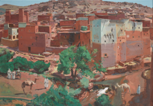 A landscape of a fortress town in red and white rock, with men and camels in the foreground.