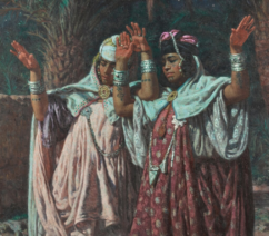 A painting by Nasreddine Dinet showing two Berber women with their arms raised in a dance beneath palm trees.
