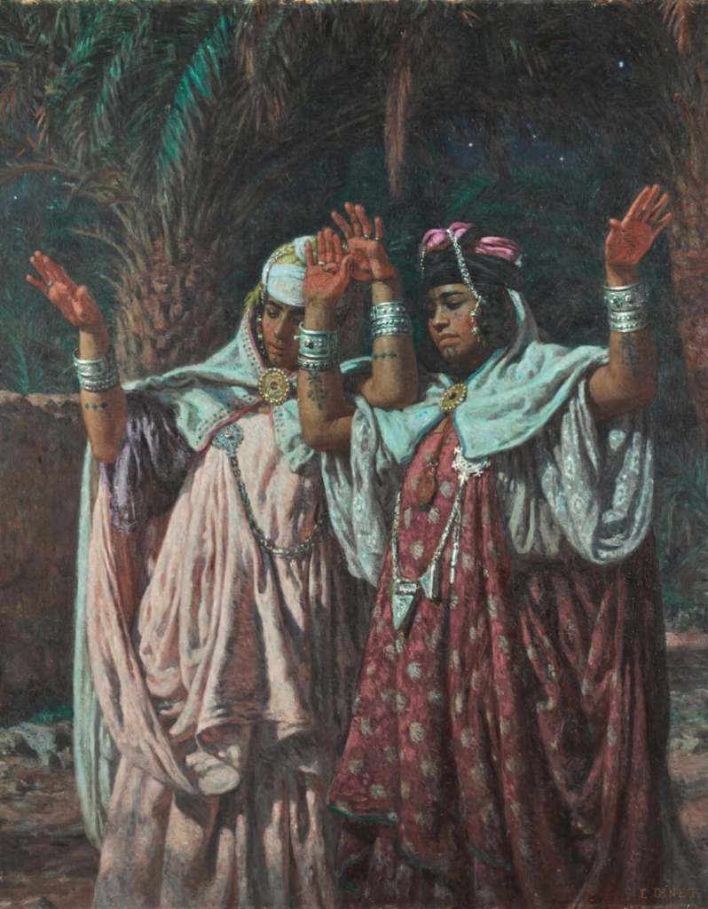 A painting by Nasreddine Dinet showing two Berber women with their arms raised in a dance beneath palm trees.