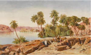 A landscape of the Nile. A group of men and camels rest in the foreground, while beyond lies the island of Philae and its ancient temple in the middle of the river.