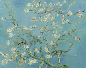 A Van Gogh painting of an almond tree in bloom against a light blue background.
