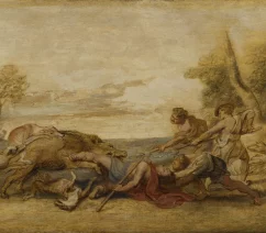 An oil sketch by Peter Paul Rubens showing a young man being gored to death by a wild boar.