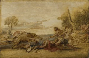 An oil sketch by Peter Paul Rubens showing a young man being gored to death by a wild boar.