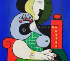 An abstract portrait of a woman with a wristwatch sitting in a red armchair against a blue background.