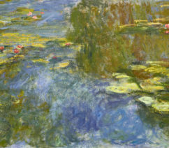 A large impressionist painting of waterlilies on a blue and green pond.