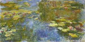 A large impressionist painting of waterlilies on a blue and green pond.