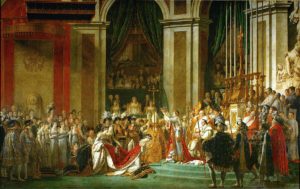 A painting showing a scene from Napoleon Bonaparte's coronation, where Napoleon crowns his wife Joséphine as his Empress.